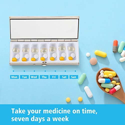 Goshentech 7 Day Pretty Mini Metal Pill Organizer Pill Box Built-in Makeup Mirror with Spring Open Design and 7 Compartment to Hold Vitamins Cod Liver Oil Supplements and Medication (Silver) - Image 2