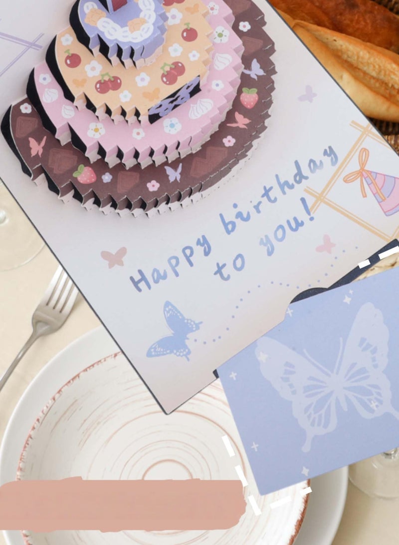Birthday Card,Pop Up Card Paper Birthday Cake,3D Greeting Card with Note Card & Envelope for Her Him Women Men,Flower Butterfly Pattern Gold Font Blue Cover - Image 3