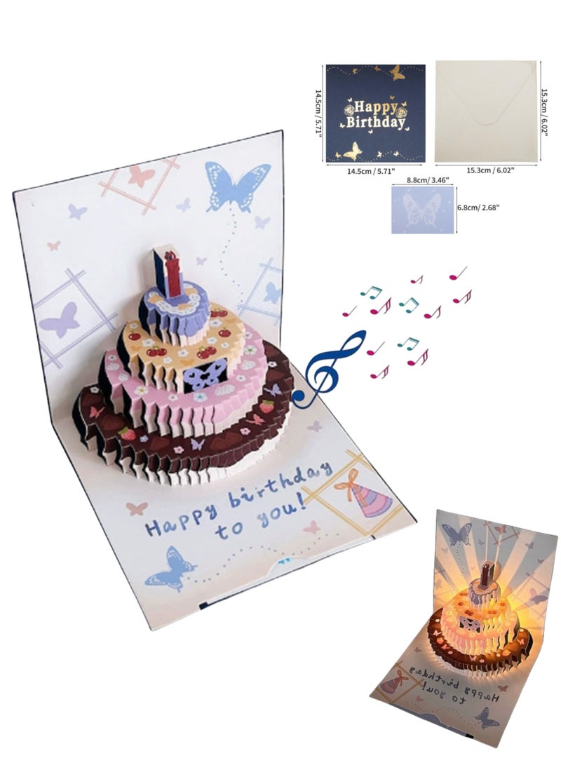 Birthday Card,Pop Up Card Paper Birthday Cake,3D Greeting Card with Note Card & Envelope for Her Him Women Men,Flower Butterfly Pattern Gold Font Blue Cover - Image 1