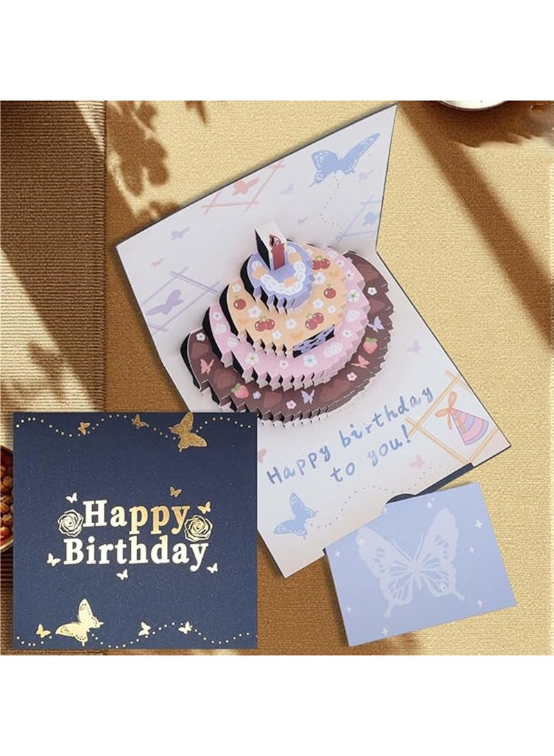 Birthday Card,Pop Up Card Paper Birthday Cake,3D Greeting Card with Note Card & Envelope for Her Him Women Men,Flower Butterfly Pattern Gold Font Blue Cover - Image 4