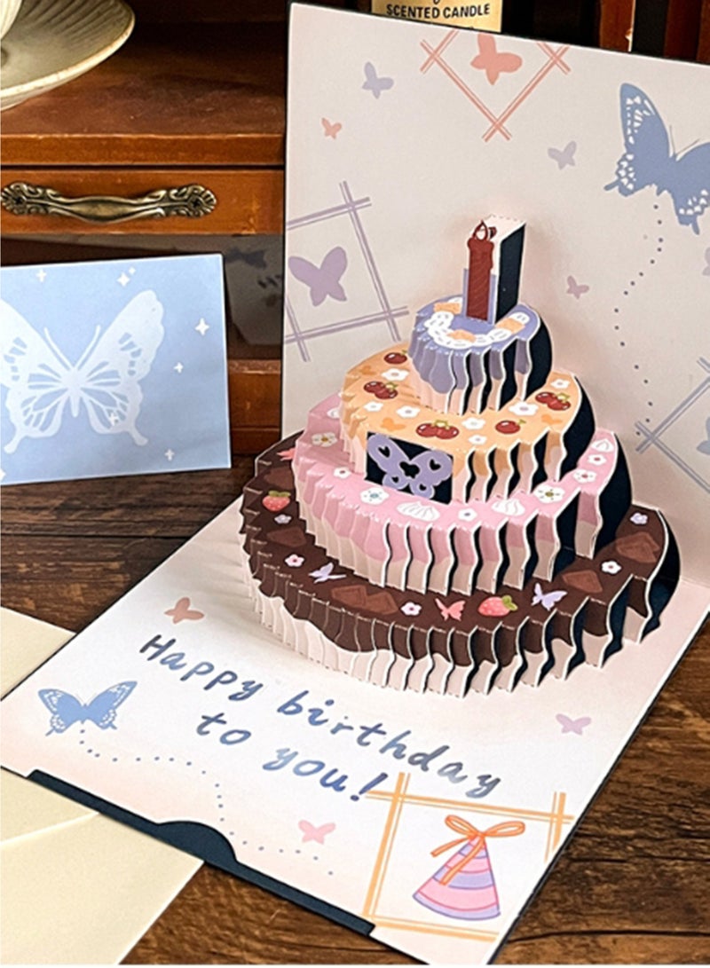Birthday Card,Pop Up Card Paper Birthday Cake,3D Greeting Card with Note Card & Envelope for Her Him Women Men,Flower Butterfly Pattern Gold Font Blue Cover - Image 5