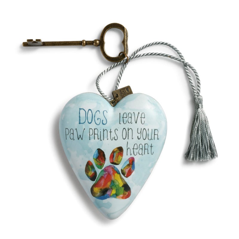 DEMDACO Dogs Leave Paw Prints On Your Heart Rainbow Sky Blue 4 x 3 Heart Shaped Resin Keepsake Art Hearts Decoration with Key and Tassel