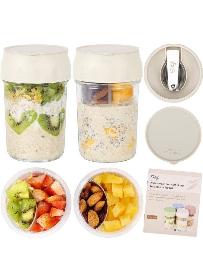 SOLIGT 2 Pack Overnight Oats Containers with Lids, Folding Spoons and Divided Compartments for Fruit & Nuts, Small Glass 16oz Mason Jars for Oatmeal Yogurt Parfait (2 Set-Oat White/Oat White) - Image 1