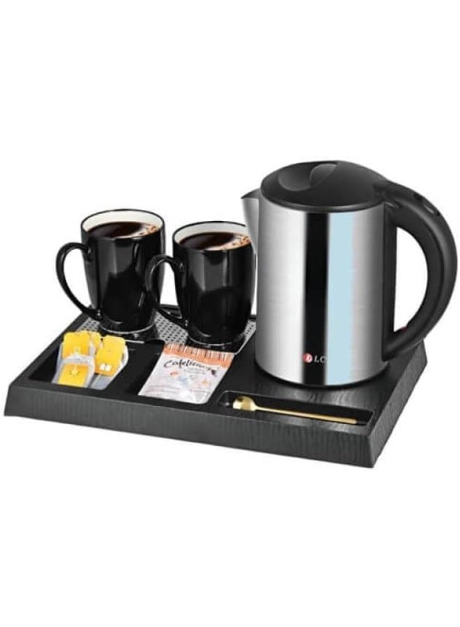 Hotel Stainless Steel Kettle Set with 2 Cups and Ceramic Base, 1500 Watts, 1 Liter Capacity - Image 1