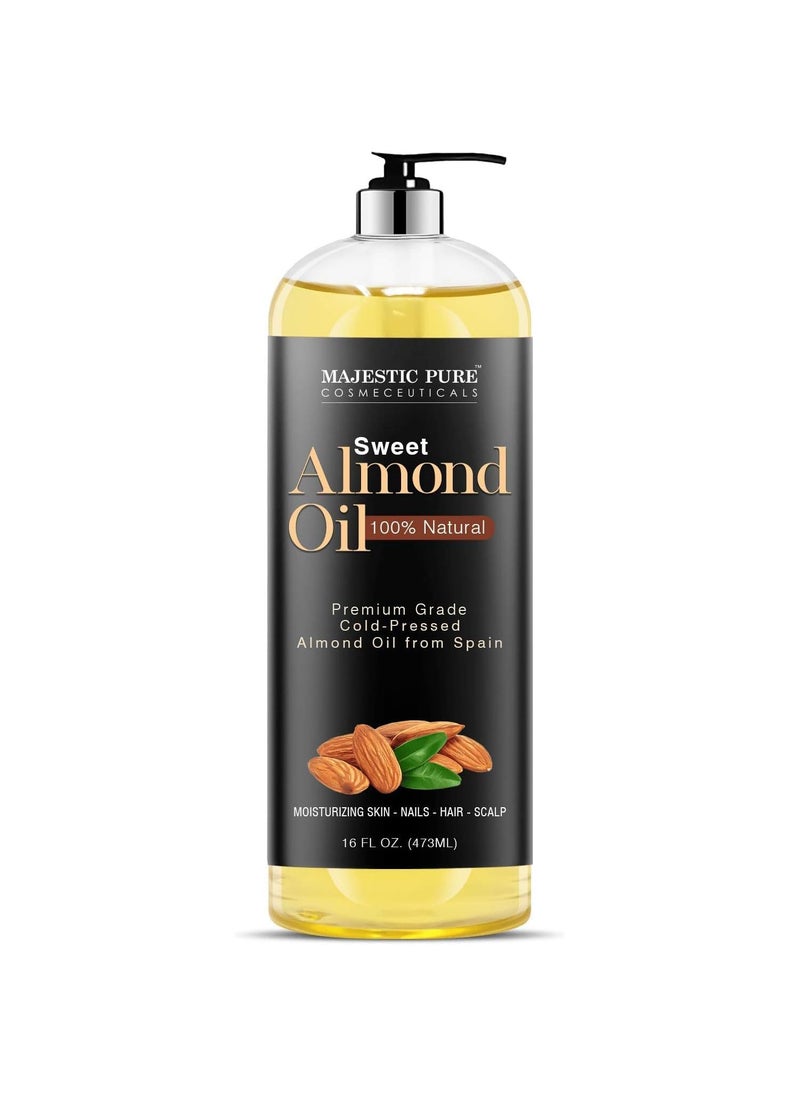Majestic Pure MAJESTIC PURE Sweet Almond Oil Triple A Grade Quality Pure and Natural from Spain Cold Pressed Packaging May Vary  16 fl Oz 