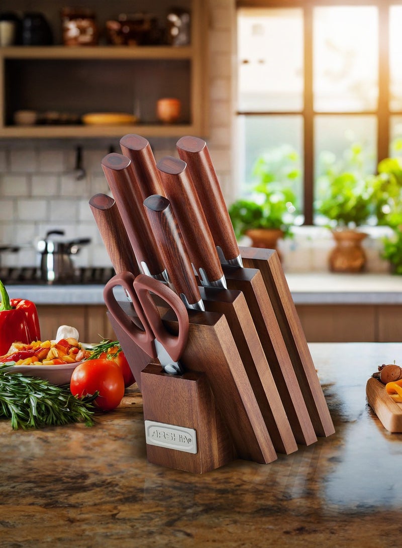 ARSHIA German Steel High Quality Flatware Set with Wooden Stand, 8 Pieces - Image 1