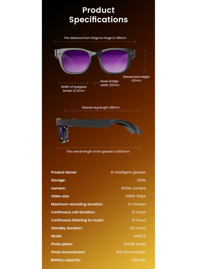 ZESITH Purple AI Smart Glasses, 8MP HD Camera, Anti-Shake Video, Real-Time Translation, Wireless Call, Music Playback - Image 4