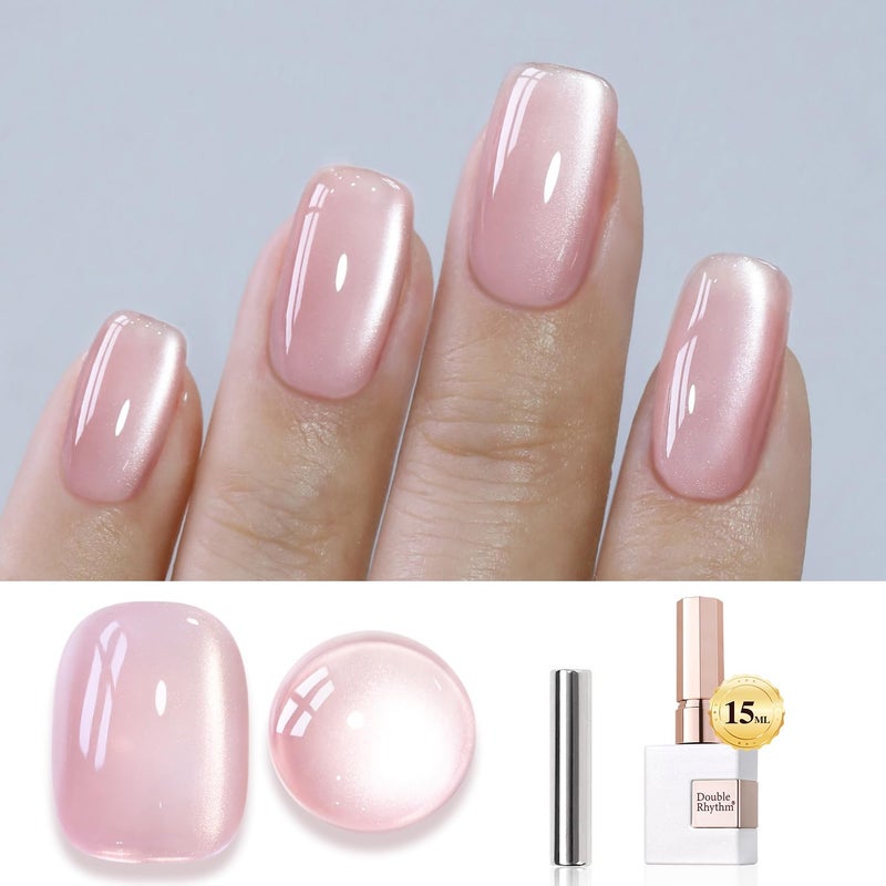 Double Rhythm Jelly Glass Cat Eye Gel Polish with Magnet 15ML Holographic Glitter Shimmer Translucent Sheer Color Magnetic Nail Polish Salon DIY at Home (Jelly Pink Nude-MC1104) - Image 1