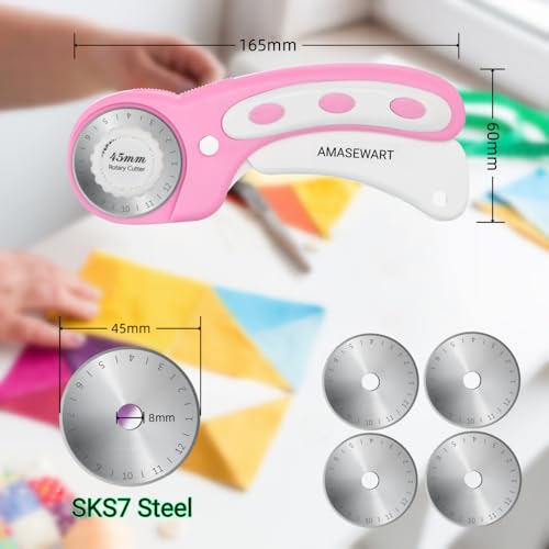 AMASEWART 45mm Rotary Cutter and Mat Set, Fabric Cutter Wheel and 12x18 Inch Self Healing Sewing Cutting Mat, Fabric Rotary Cutter with 5pcs Rotary Blades for Quilting Patchworking Crafts, Pink - Image 5