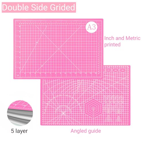 AMASEWART 45mm Rotary Cutter and Mat Set, Fabric Cutter Wheel and 12x18 Inch Self Healing Sewing Cutting Mat, Fabric Rotary Cutter with 5pcs Rotary Blades for Quilting Patchworking Crafts, Pink - Image 2
