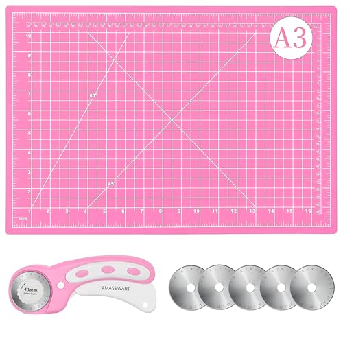AMASEWART 45mm Rotary Cutter and Mat Set, Fabric Cutter Wheel and 12x18 Inch Self Healing Sewing Cutting Mat, Fabric Rotary Cutter with 5pcs Rotary Blades for Quilting Patchworking Crafts, Pink - Image 1