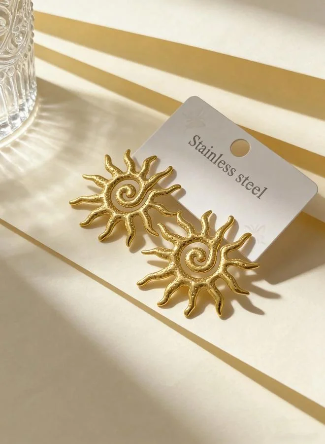 Take Two Golden Sun Spiral Drop Earrings - Stainless Steel, Casual