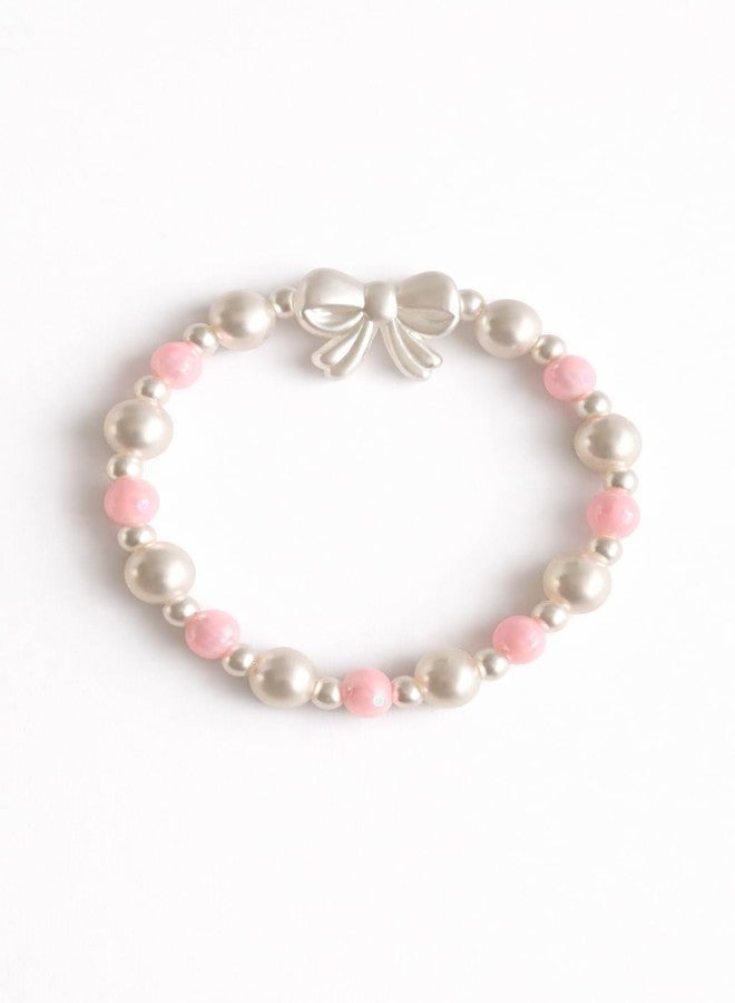SUKHAD Pearl Beaded Bow Bracelet for Girls & Women | White & Pink Stretch Elastic Bracelet with Elegant Bow Charm | Cute Fashion Jewelry Gift - Image 1