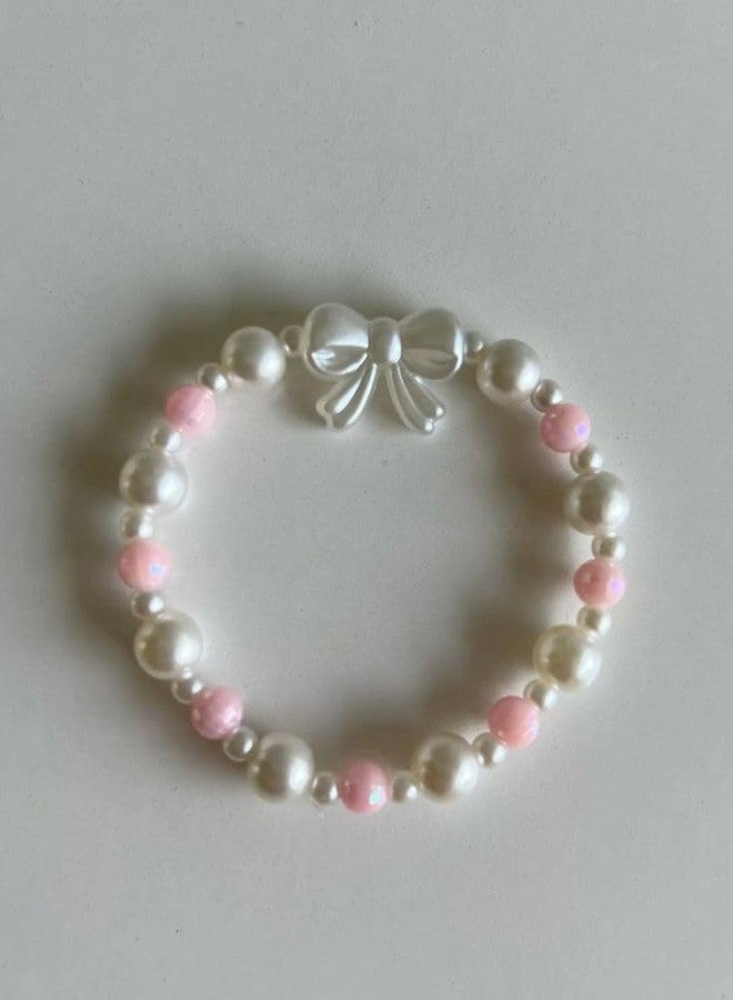 SUKHAD Pearl Beaded Bow Bracelet for Girls & Women | White & Pink Stretch Elastic Bracelet with Elegant Bow Charm | Cute Fashion Jewelry Gift - Image 4