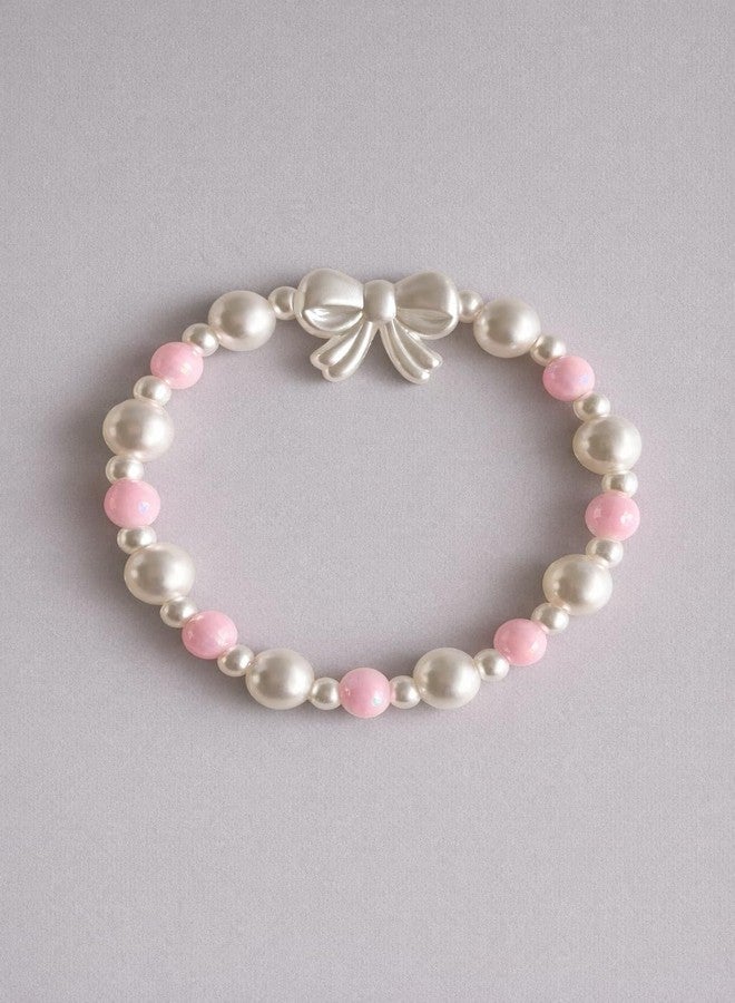 SUKHAD Pearl Beaded Bow Bracelet for Girls & Women | White & Pink Stretch Elastic Bracelet with Elegant Bow Charm | Cute Fashion Jewelry Gift - Image 2