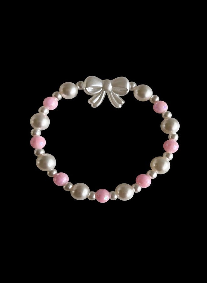SUKHAD Pearl Beaded Bow Bracelet for Girls & Women | White & Pink Stretch Elastic Bracelet with Elegant Bow Charm | Cute Fashion Jewelry Gift - Image 3