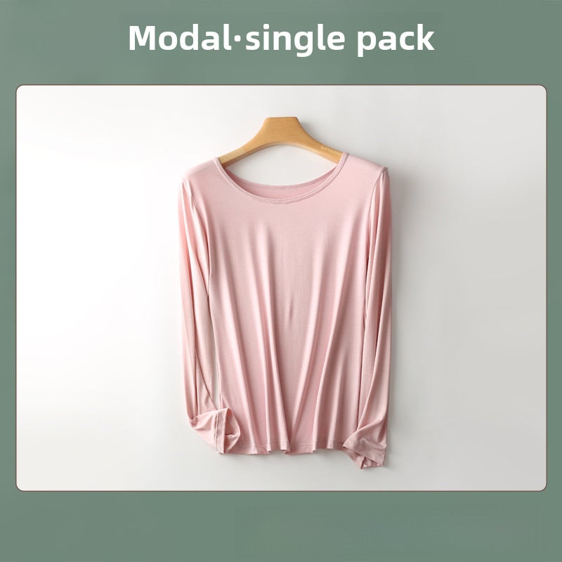 Ladies Modal Thermal Tops Autumn Winter Round Neck Slim Fit Bean powder  - Image 1
