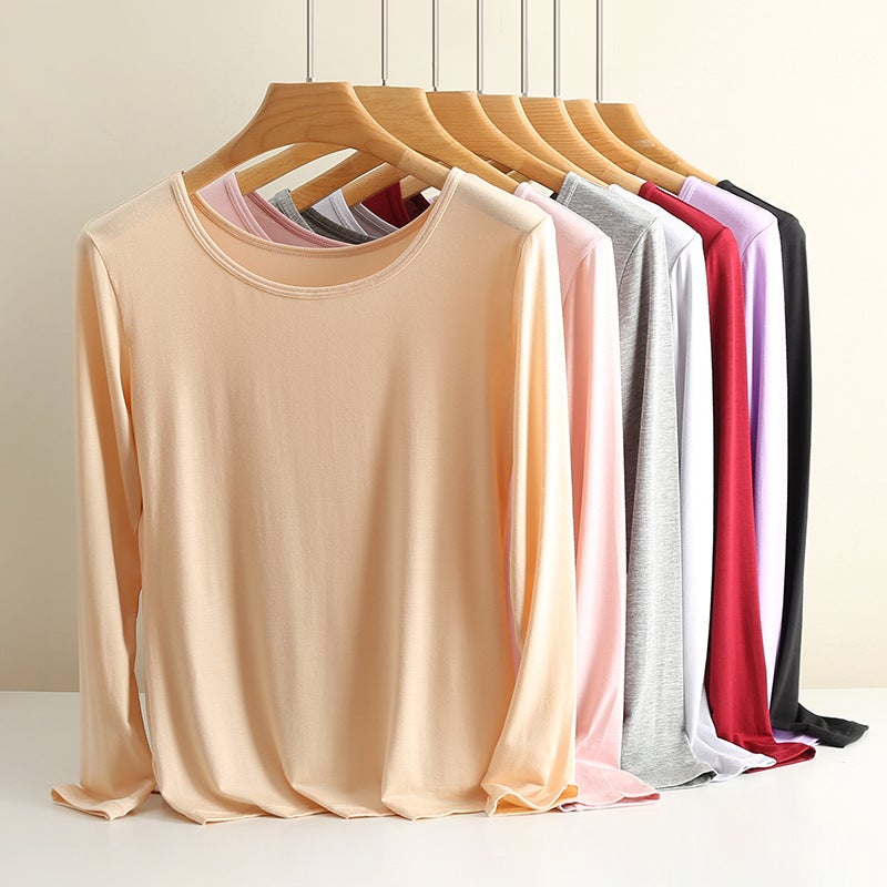 Ladies Modal Thermal Tops Autumn Winter Round Neck Slim Fit Bean powder  - Image 4