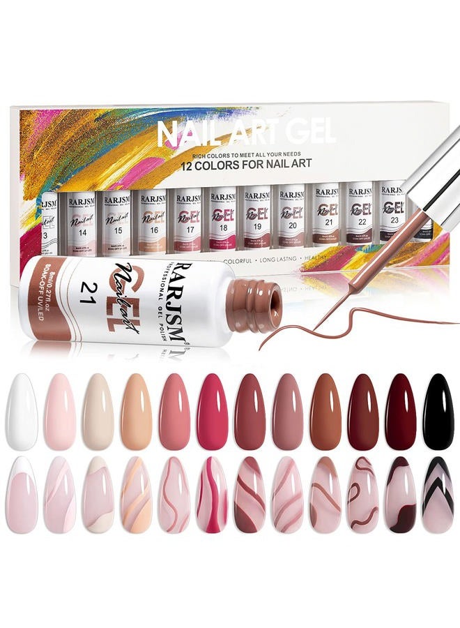 RARJSM Nail Art Gel Liner Painting Polish Set 12 Colors Autumn Winter Brown Wine Red Collection,Painted Gel Nail Polishes Soak Off Curing Requires Salon DIY Manicure Nail Art Design Line Art Gel - Image 1