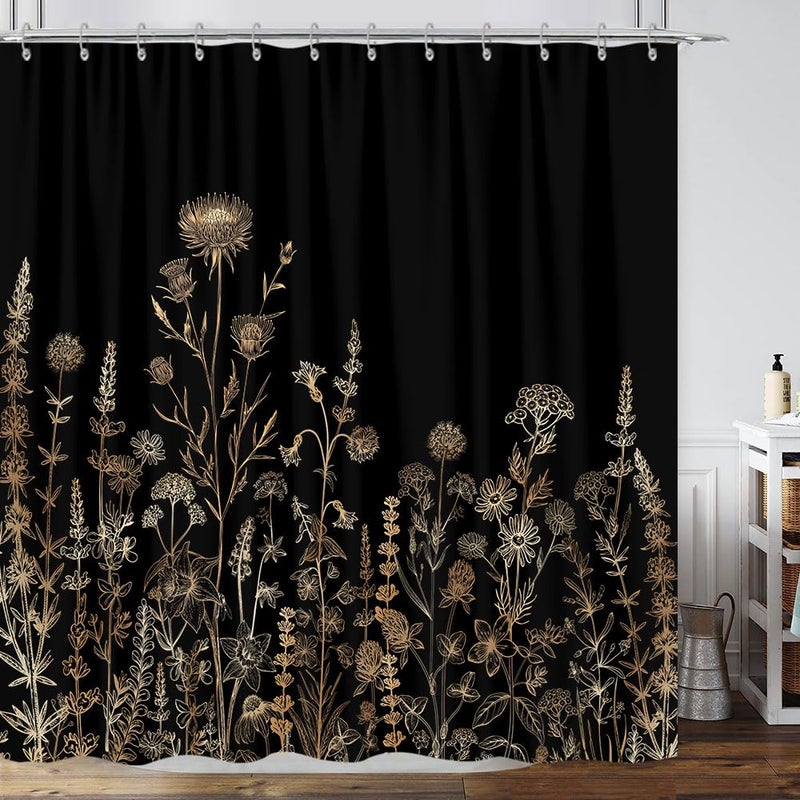 Vintage Black and Gold Boho Shower Curtain Black and Tan Cream Floral Aesthetic Dark Wildflower Botanical Flowers Shower Curtain for Bathroom with HookFarmhouse Plant Art Chic Shower Curtain 72X72