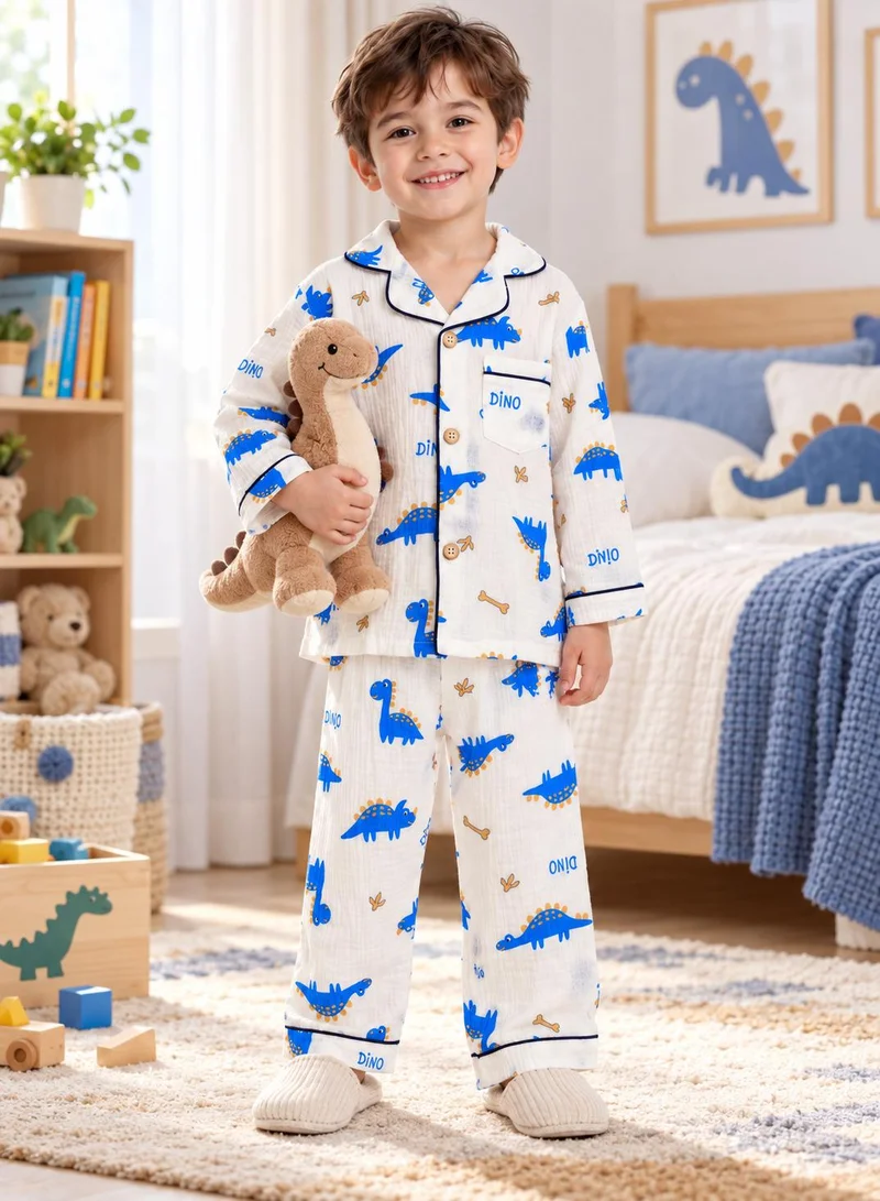 بيبي كلو Boys Blue Dinosaur Print Muslin Cotton Nightwear Set