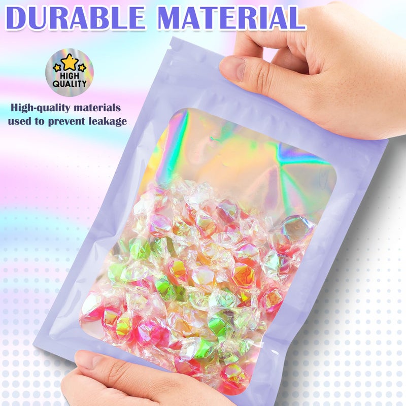 JETMORE 100 Pcs Mylar Bags, Smell Proof Bags Foil Pouch, Holographic Resealable Bags for Small Business, Candy Sample Jewelry Bag Sealable Packaging for Party Favor Food Storage (4x6in-Purple) - Image 4