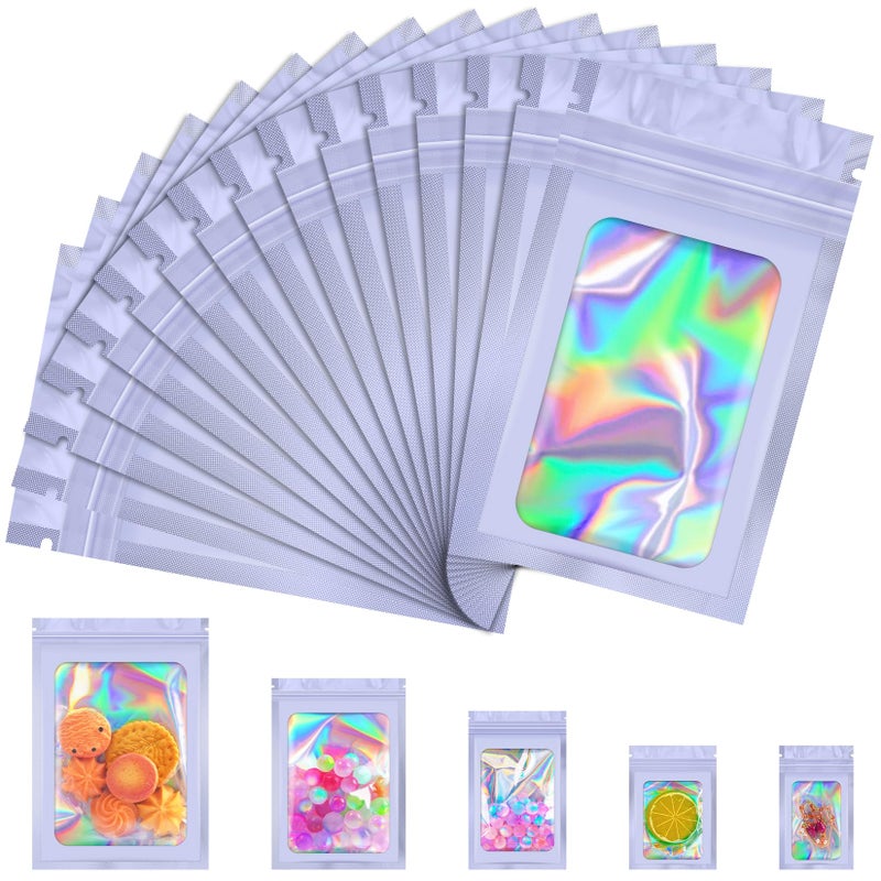 JETMORE 100 Pcs Mylar Bags, Smell Proof Bags Foil Pouch, Holographic Resealable Bags for Small Business, Candy Sample Jewelry Bag Sealable Packaging for Party Favor Food Storage (4x6in-Purple) - Image 1