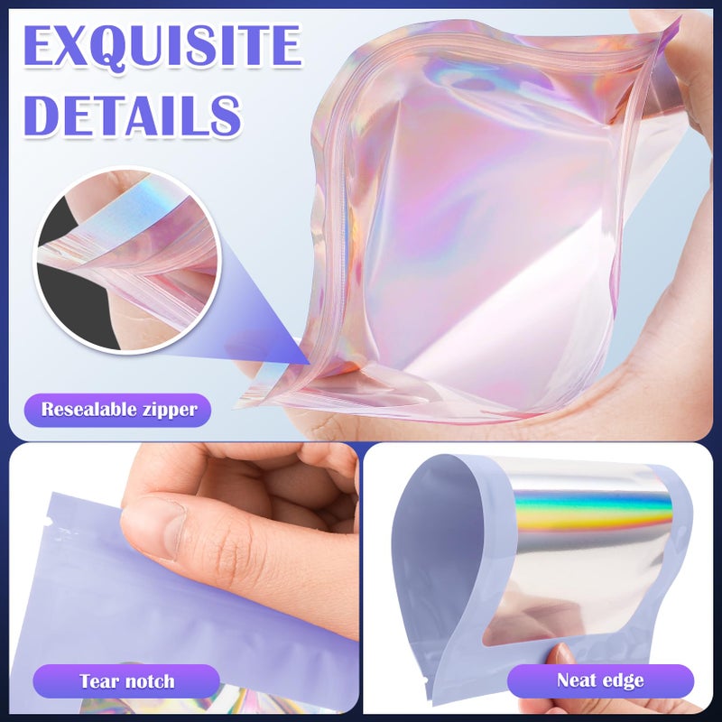 JETMORE 100 Pcs Mylar Bags, Smell Proof Bags Foil Pouch, Holographic Resealable Bags for Small Business, Candy Sample Jewelry Bag Sealable Packaging for Party Favor Food Storage (4x6in-Purple) - Image 5