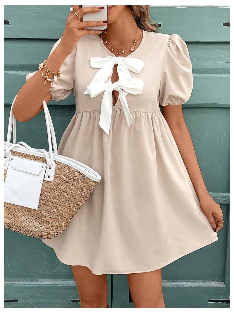 SweatyRocks Women's Bow Puff Short Sleeve Dress Tie Front A Line Babydoll Dresses Multicolor Small - Image 3