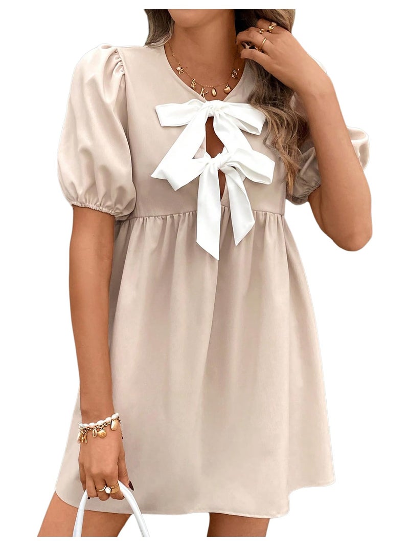 SweatyRocks Women's Bow Puff Short Sleeve Dress Tie Front A Line Babydoll Dresses Multicolor Small - Image 1