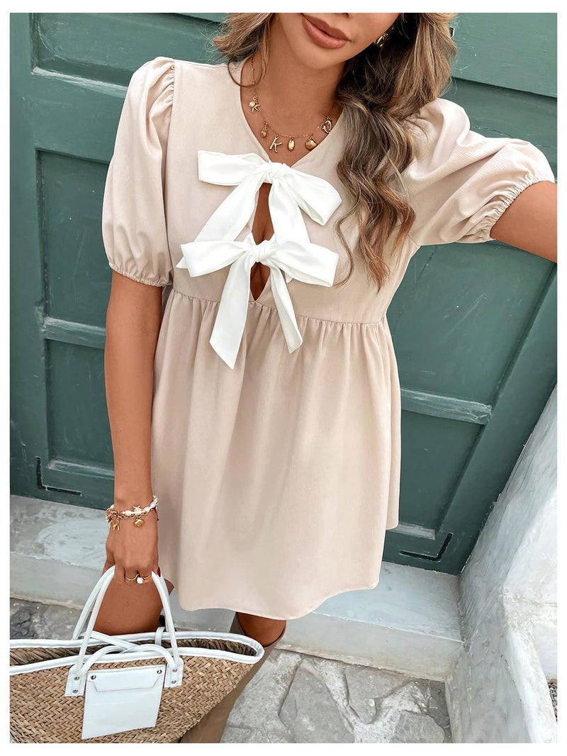 SweatyRocks Women's Bow Puff Short Sleeve Dress Tie Front A Line Babydoll Dresses Multicolor Small - Image 4