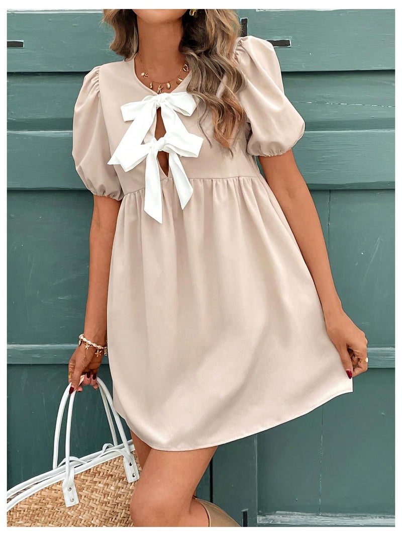 SweatyRocks Women's Bow Puff Short Sleeve Dress Tie Front A Line Babydoll Dresses Multicolor Small - Image 5