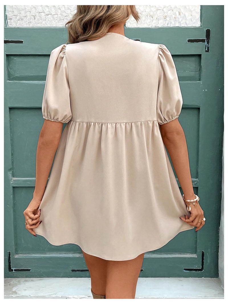 SweatyRocks Women's Bow Puff Short Sleeve Dress Tie Front A Line Babydoll Dresses Multicolor Small - Image 2