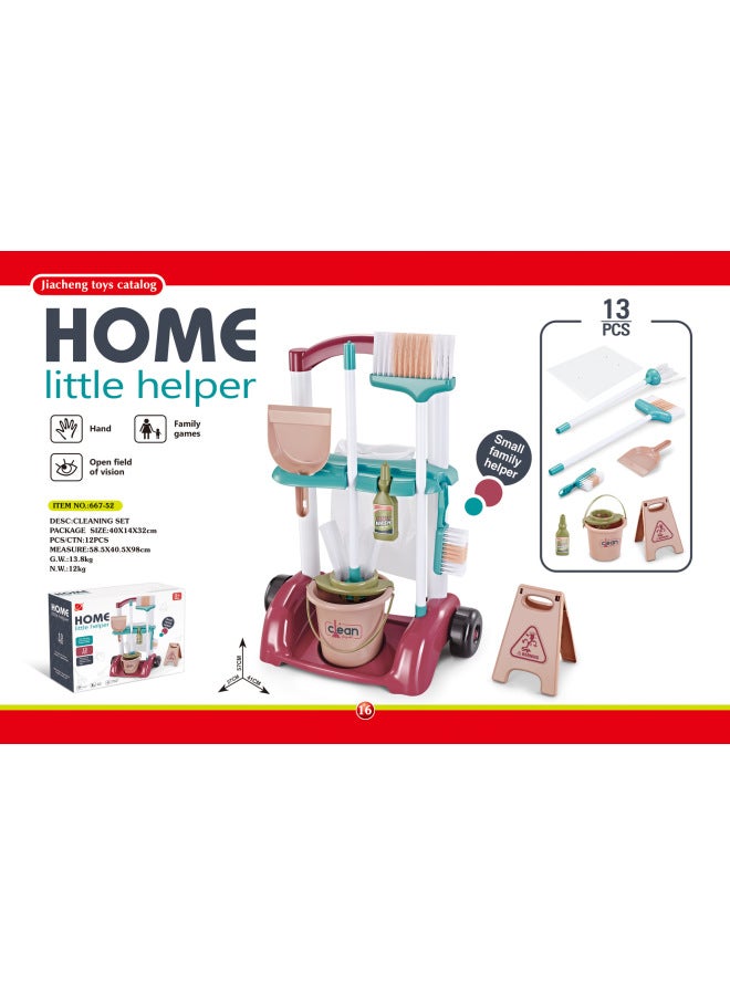 Children's Simulation Cleaning Tool Set Sweeping Mop Vacuum Cleaner House Cleaning Toy Cart-Color:667-52+13-piece Set - Image 1
