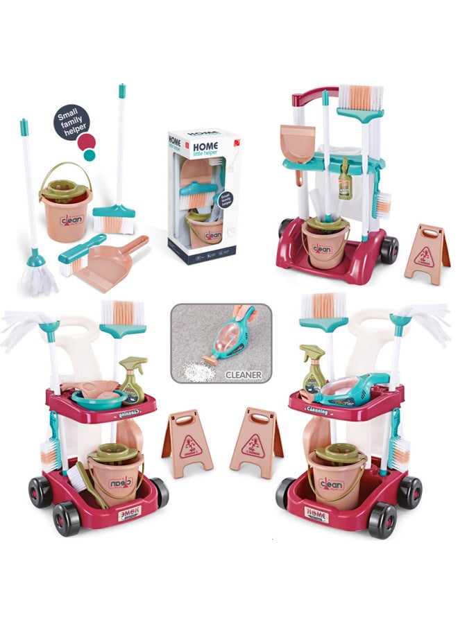 Children's Simulation Cleaning Tool Set Sweeping Mop Vacuum Cleaner House Cleaning Toy Cart-Color:667-52+13-piece Set - Image 3