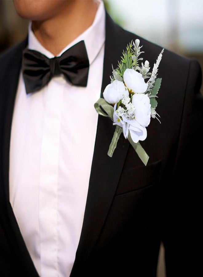Latious Bride Wedding Rose Boutonniere Men's Flower Buttonholes Groomsmans Prom Suit Decoration for Men (White) - Image 1