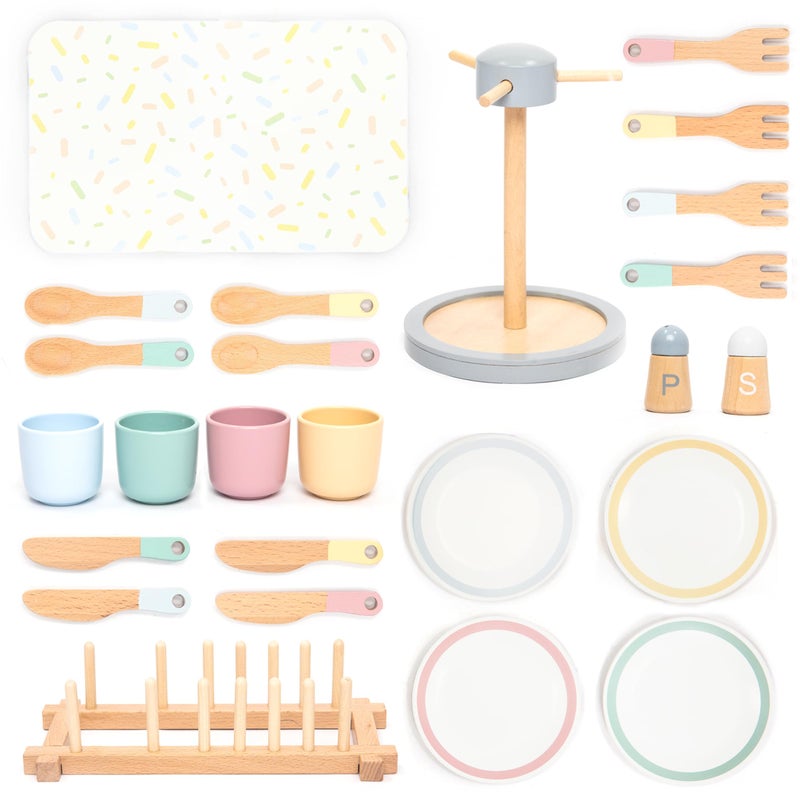 UMU Large Wooden Dish Set 28Piece Tableware for Kids Play Kitchen with Plates Cups Cutlery Drying Rack Pretend Play Kitchen Accessories for Children Ages 3 4 5 6 - Image 2