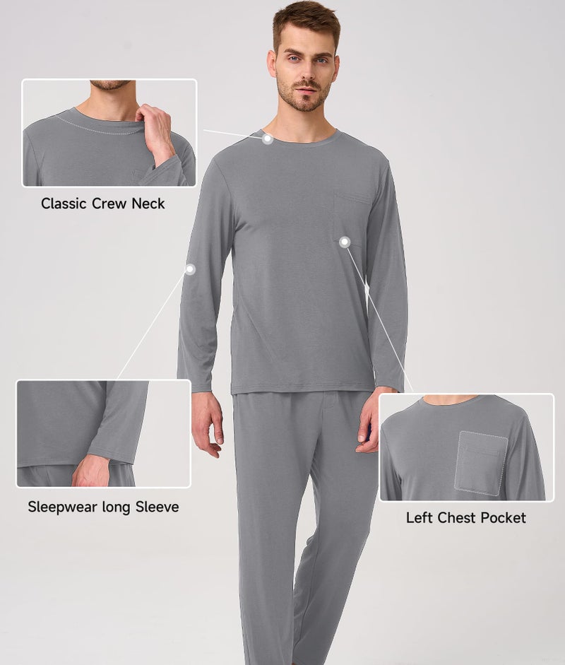 BAMBOO COOL Mens Pajama Set Bamboo Viscose Soft Pijamas Sets for Men Long Sleeve Full Length Pants Pjs Sleepwear with Pockets Grey - Image 4
