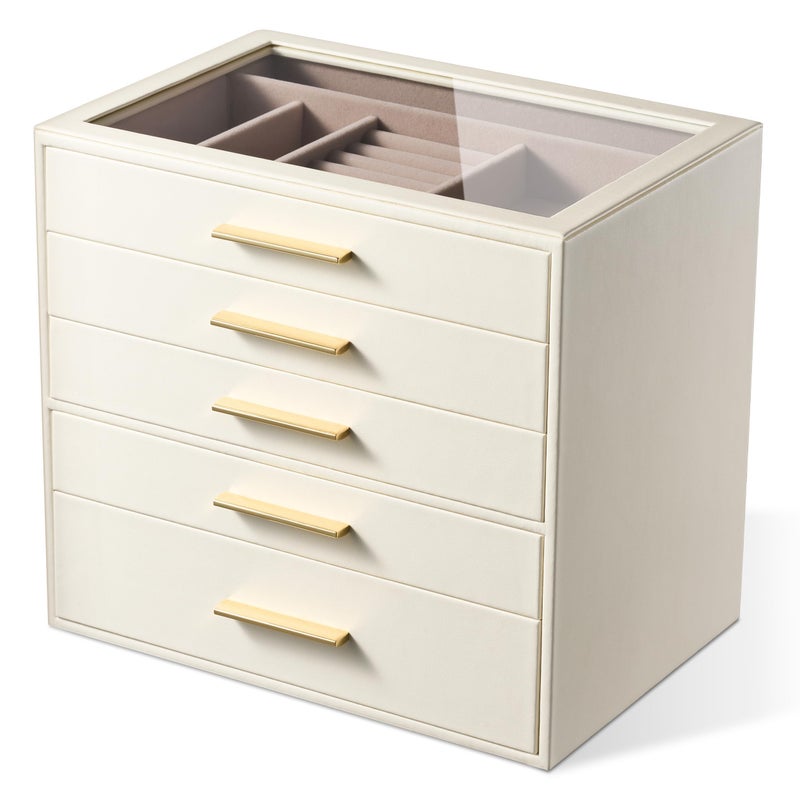 pickpiff Jewelry Box Organizer Case for Women: 5-Layer Jewelry Storage Case with Glass Window, Ivory Leather with Pink Velvet, Holder for Ring Necklace Bracelet Brooch Watch, Great Gift for Her - Image 1