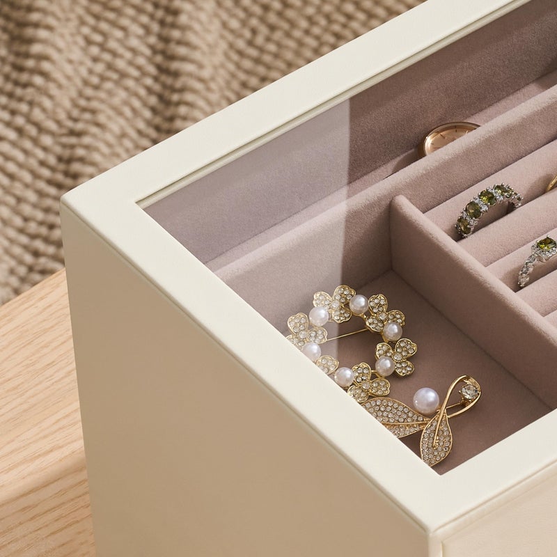 pickpiff Jewelry Box Organizer Case for Women: 5-Layer Jewelry Storage Case with Glass Window, Ivory Leather with Pink Velvet, Holder for Ring Necklace Bracelet Brooch Watch, Great Gift for Her - Image 4