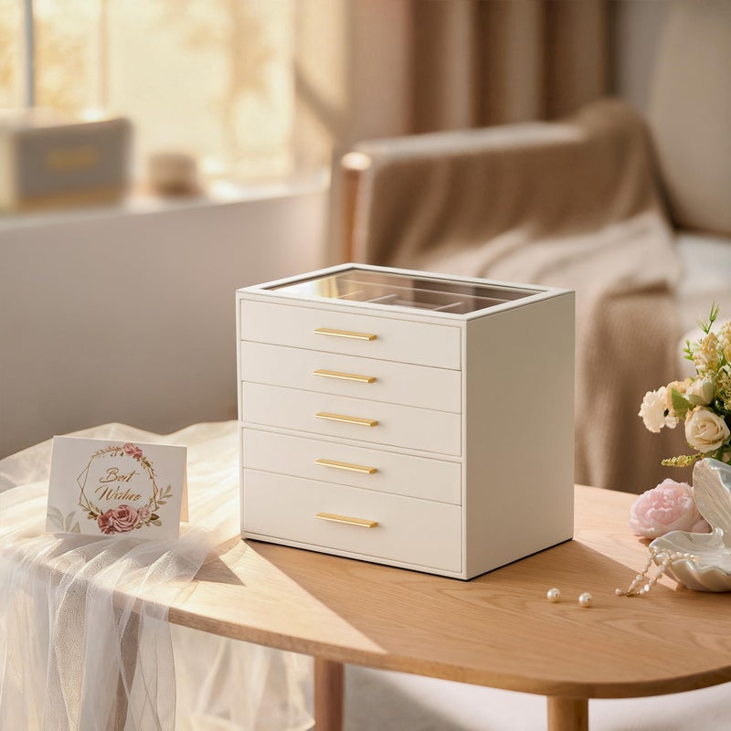 pickpiff Jewelry Box Organizer Case for Women: 5-Layer Jewelry Storage Case with Glass Window, Ivory Leather with Pink Velvet, Holder for Ring Necklace Bracelet Brooch Watch, Great Gift for Her - Image 2