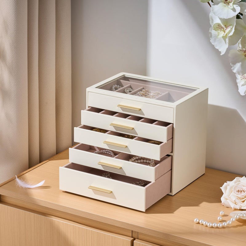 pickpiff Jewelry Box Organizer Case for Women: 5-Layer Jewelry Storage Case with Glass Window, Ivory Leather with Pink Velvet, Holder for Ring Necklace Bracelet Brooch Watch, Great Gift for Her - Image 3