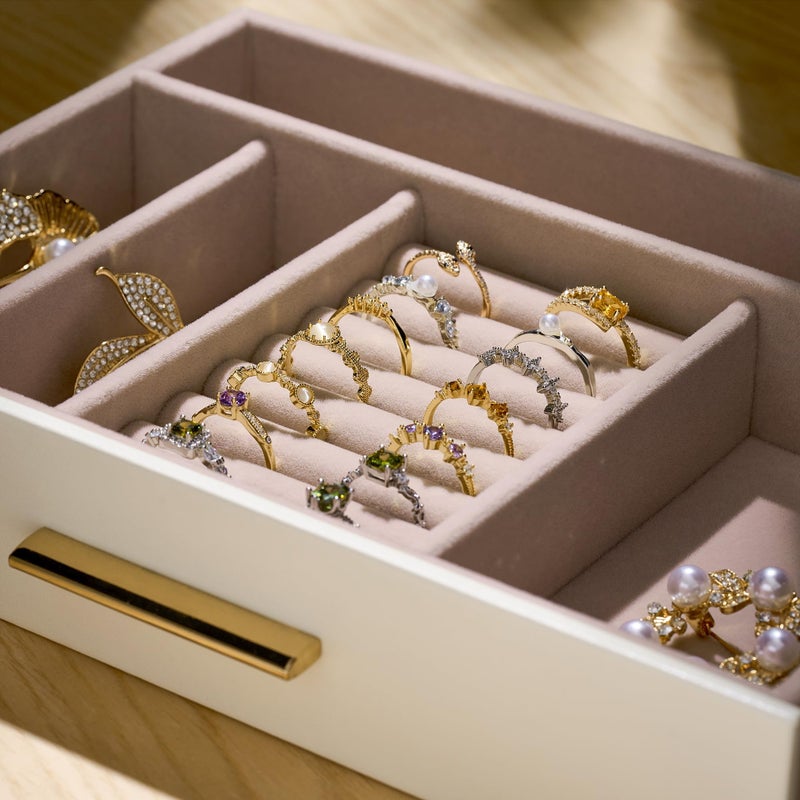 pickpiff Jewelry Box Organizer Case for Women: 5-Layer Jewelry Storage Case with Glass Window, Ivory Leather with Pink Velvet, Holder for Ring Necklace Bracelet Brooch Watch, Great Gift for Her - Image 5