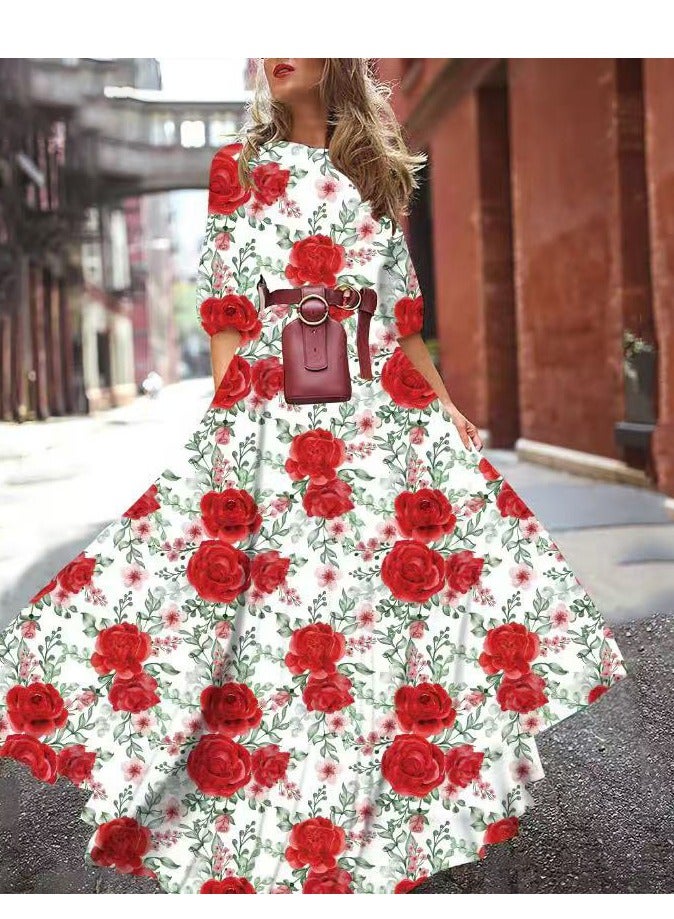 NIBEMINENT فستان نسائي مطبوع بتنورة كبيرة أنيقة من الشيفون مزخرف بالزهور، فستان طويل ضيق - Image 1