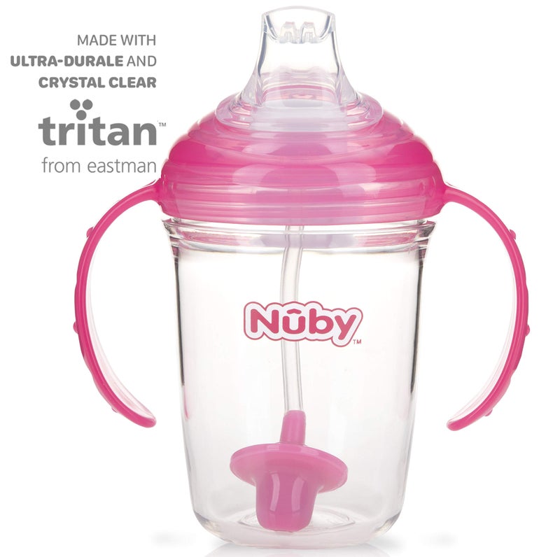 Nuby 360 Grip N' Sip 8oz Tritan Cup, Weighted Straw with Hygienic Cover, Pink - Image 2