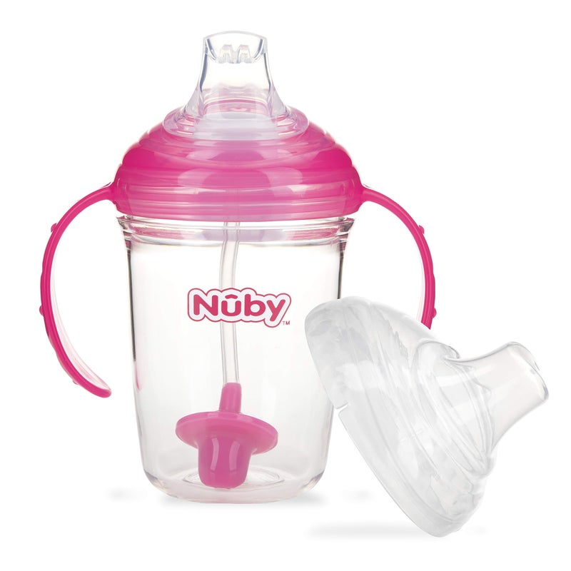 Nuby 360 Grip N' Sip 8oz Tritan Cup, Weighted Straw with Hygienic Cover, Pink - Image 1