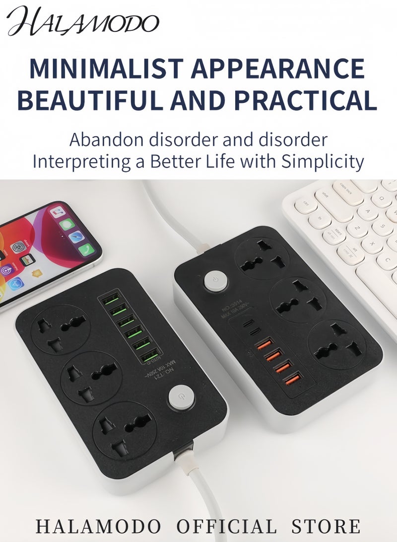 موزع طاقة كهربائي ب 6 منافذ USB مع واقي من الصواعق 3 مقابس كهرباء AC 6 منافذ شحن USB سلك تمديد 2.18 قدم زر تشغيل إيقاف صندوق مقبس متعدد للاستخدام في المنزل المكتب والسفر - Image 3