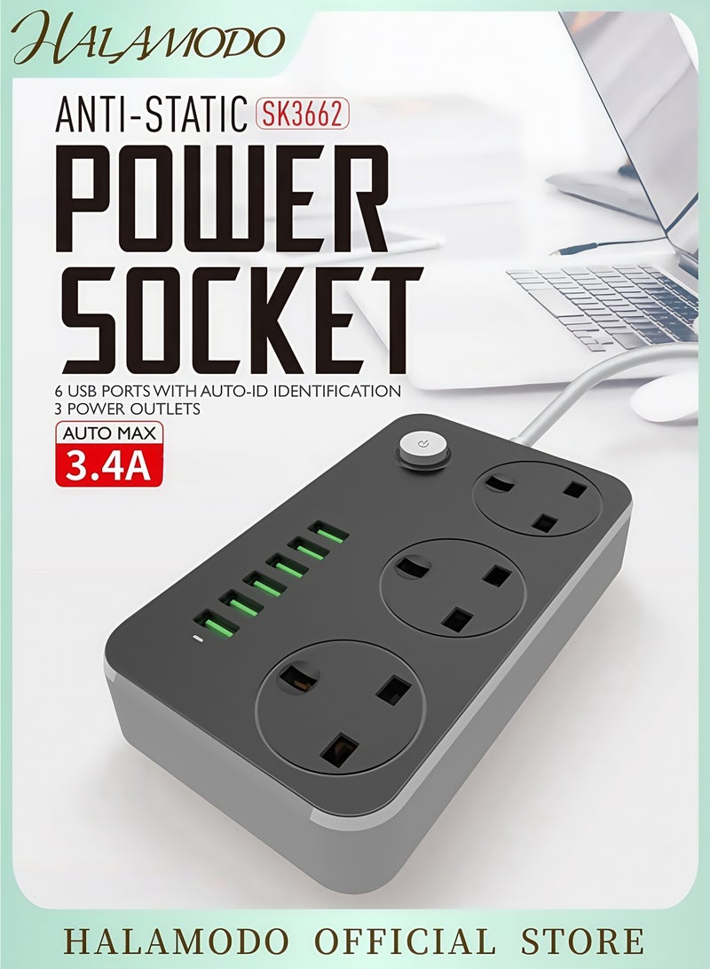 موزع طاقة كهربائي ب 6 منافذ USB مع واقي من الصواعق 3 مقابس كهرباء AC 6 منافذ شحن USB سلك تمديد 2.18 قدم زر تشغيل إيقاف صندوق مقبس متعدد للاستخدام في المنزل المكتب والسفر - Image 1