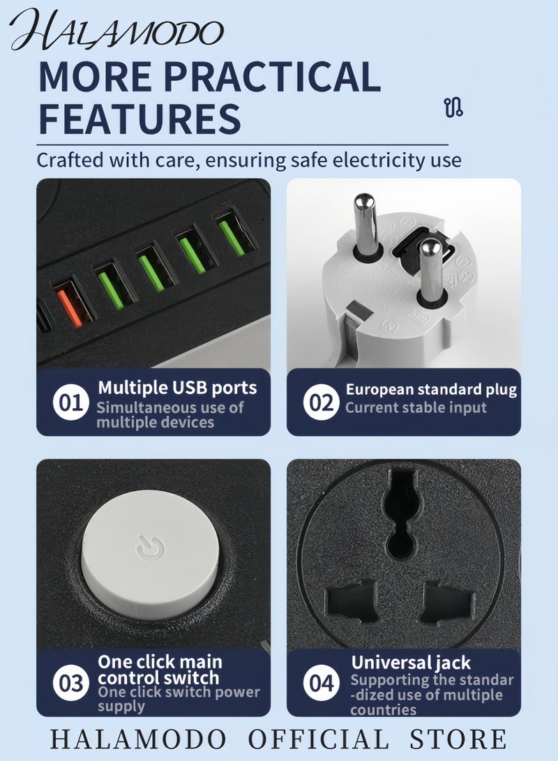 موزع طاقة كهربائي ب 6 منافذ USB مع واقي من الصواعق 3 مقابس كهرباء AC 6 منافذ شحن USB سلك تمديد 2.18 قدم زر تشغيل إيقاف صندوق مقبس متعدد للاستخدام في المنزل المكتب والسفر - Image 5