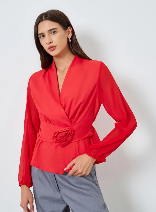 Take Two Solid Belted Flower Detail Balloon Sleeve Top